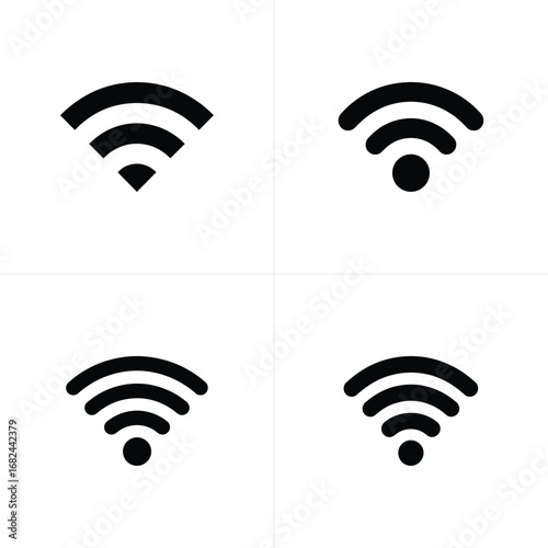 Four black and white variations of WiFi symbols for wireless internet access icons