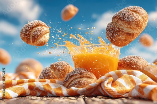 Fresh Baked Croissants and Orange Juice Splash on Checkered Cloth