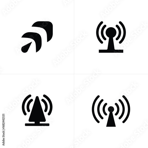 Four black wireless communication icons on white background showing antenna, signal waves, and connection