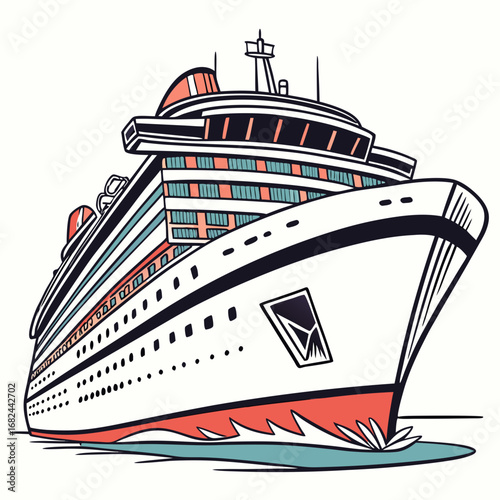 Large white cruise ship with red and blue accents ocean liner