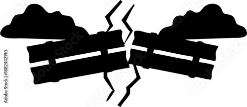 Black silhouette of a broken road with cracks and clouds on both sides in a white background view