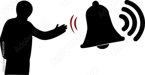 Silhouette of a person reaching toward a ringing bell with sound waves emanating from the bell shape