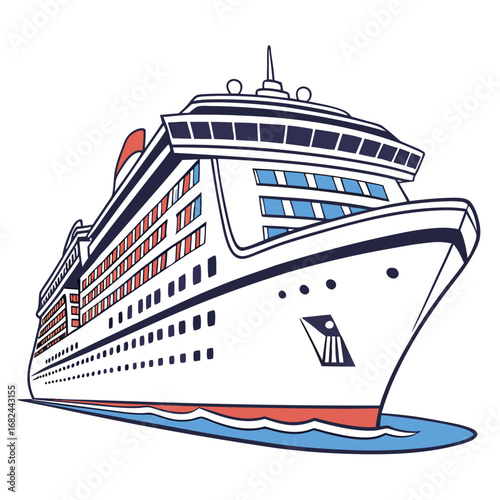 Majestic white cruise liner with blue and red accents sailing on water