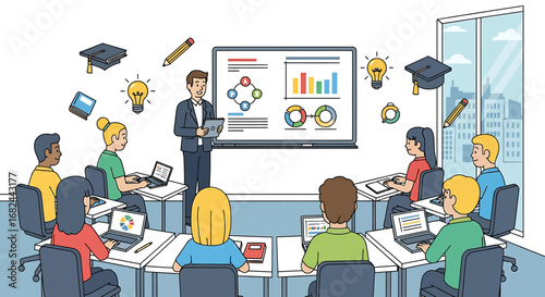 A diverse group of professionals attending a business presentation or training session in a modern office, with a male presenter and interactive visuals.