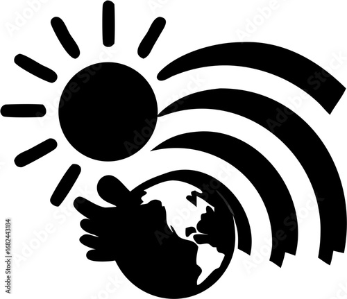 Stylized representation of the sun above the earth with curved lines emanating from the right side silhouette