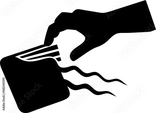 Hand reaching into a wallet with money or cards coming out with wavy lines in a black and white drawing silhouette