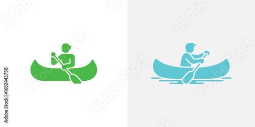 Green and Blue Canoe Pictograms of People Paddling Water with Oars Illustration Art