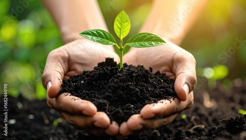 Close-up of hands holding a small plant growing out of soil, against a blurred green background. Focus on new growth and nurturing