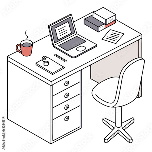 Office desk with laptop and coffee cup books