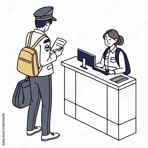 Officer presenting documents to attendant at desk computer