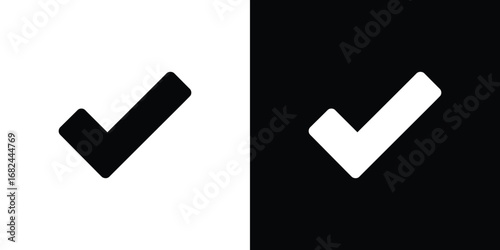 Inverted Colors Black and White Check Mark Icons, Rounded Corners, Symbol of Approval