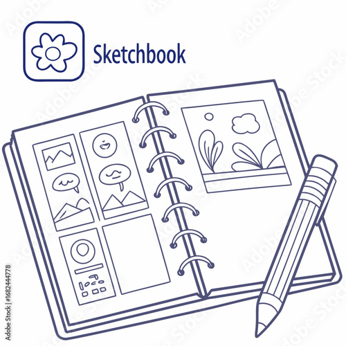 Open sketchbook with pencil and doodles drawing