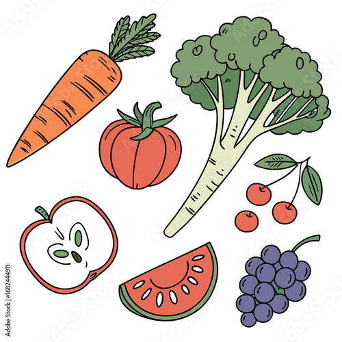 Orange carrot green broccoli red tomato sliced apple watermelon slice red cherries purple grapes