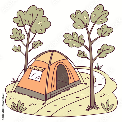 Orange tent pitched between trees on grassy path camping