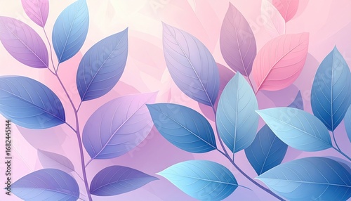 Soft, pastel rendering of stylized leaves in shades of pink, purple and blue, creating a serene, organic background, subtly textured and layered