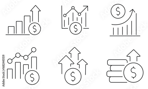 Inflation Editable Line Icons Set. Dollar chart and graph rise up, cost price increase symbol. Pictograms and infographics, business related icons. Vector illustration