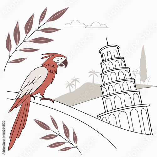 Parrot perched near leaning tower with tropical foliage