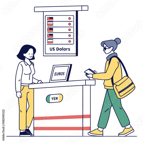 People exchanging currency at a counter currency exchange