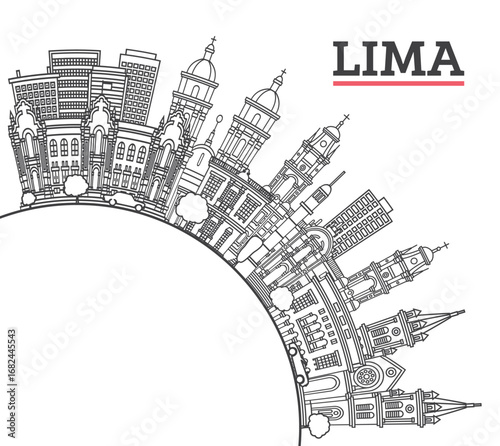 Outline Lima Peru City Skyline with Modern and Historic Buildings Isolated on White. Lima Cityscape with Landmarks and copy space.