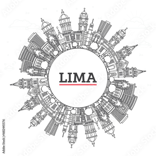 Outline Lima Peru City Skyline with Modern and Historic Buildings Isolated on White. Lima Cityscape with Landmarks and copy space.