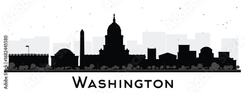 Washington DC USA City Skyline Silhouette with Black Buildings Isolated on White. Business Travel and Tourism Concept with Historic architecture. Washington DC Cityscape with Landmarks.