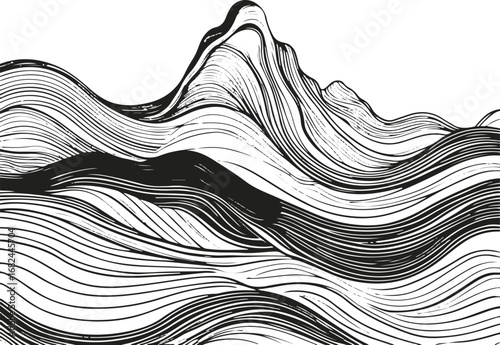 Mountain drawn with flowing wave-like black lines, rising sun as thin circular outline behind, artistic abstract line art 3