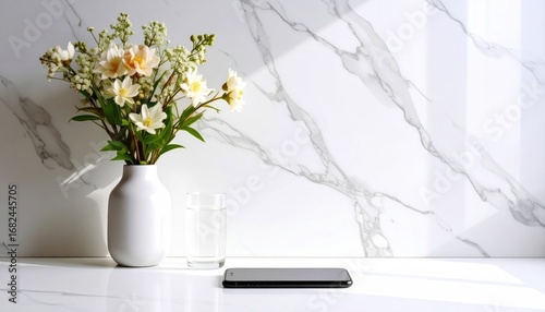 A still life of flowers in a white vase, a glass of water, and a cell phone on a glossy marble surface, bathed in natural light