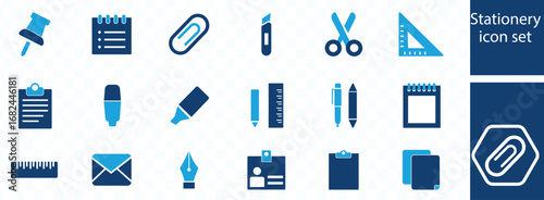 stationery big set. School supplies collection. Pens, pencils, colored markers, eraser rubber, ruler, note paper, pins and paper clips.