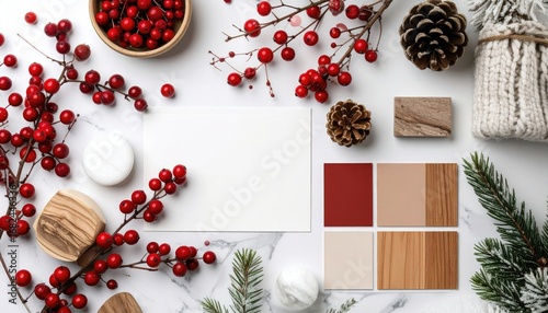 Cozy flat lay on marble featuring red berries, pine cones, wood swatches, and a blank card, creating a warm, inviting, and festive aesthetic