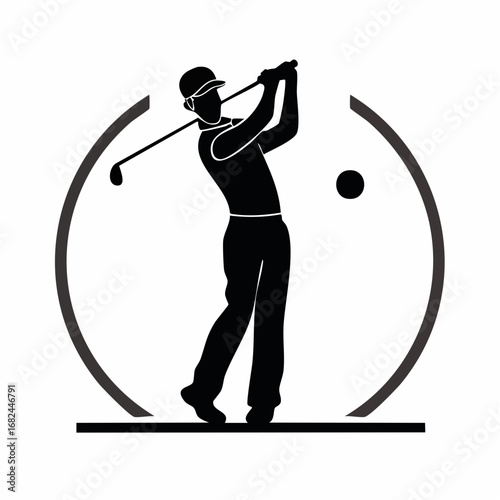 A golfer in silhouette executing a perfect swing with a golf ball in the air