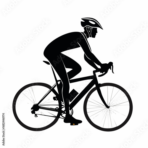 A cyclist riding a road bike, silhouetted in black. The cyclist is wearing a helmet, and the bike is in motion
