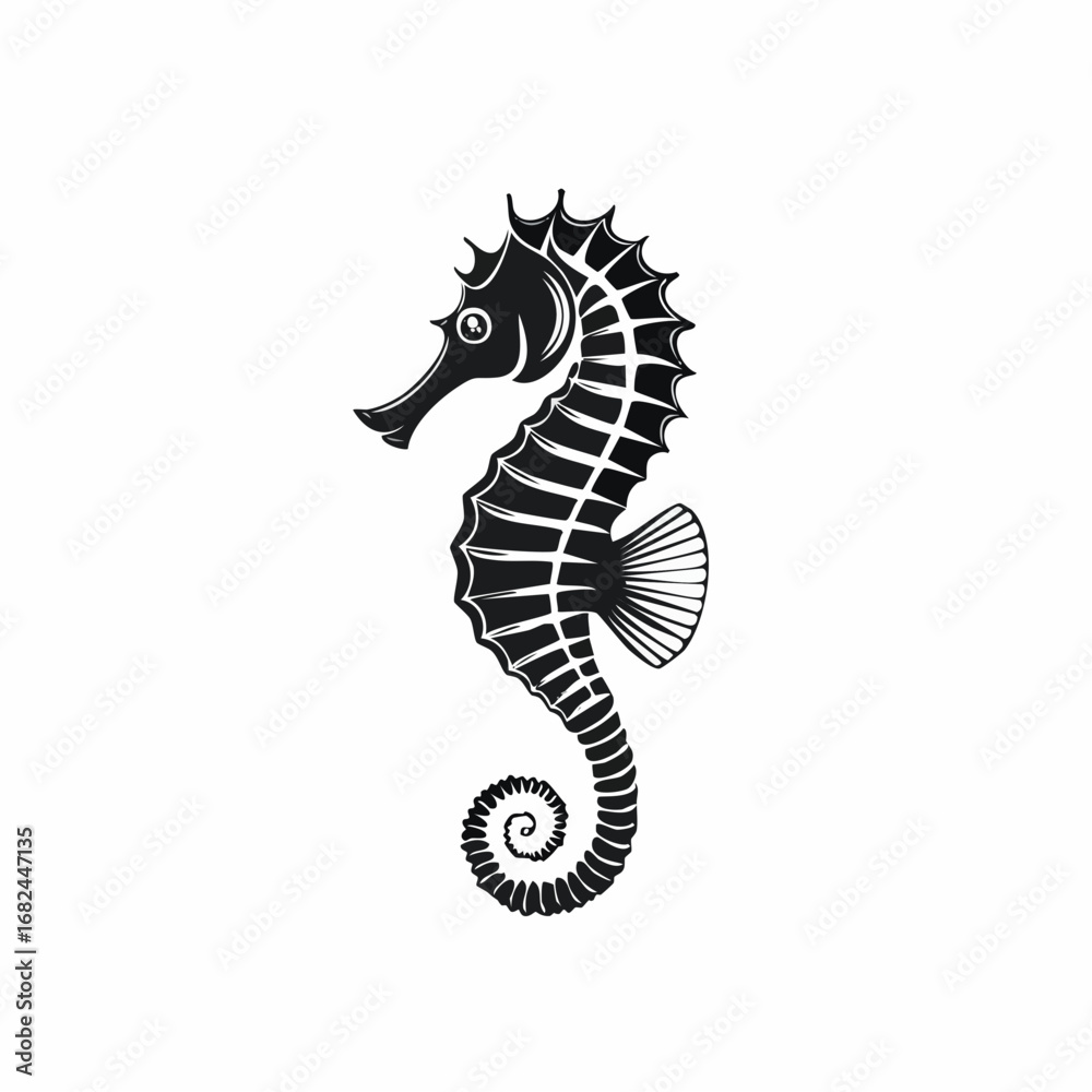 Fototapeta premium Elegant monochrome illustration of a seahorse in profile, showcasing intricate details and graceful lines. The image is a study of marine life and design, perfect for various creative projects.