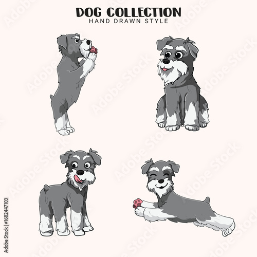 Cute Schnauzer dogs vector set Collection of hand drawn kawaii style in illustration
