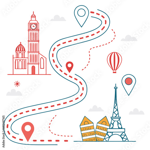 Red blue road trip with landmarks and hot air balloon