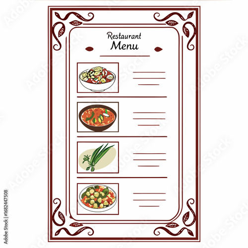 Restaurant menu with food illustrations and decorative border