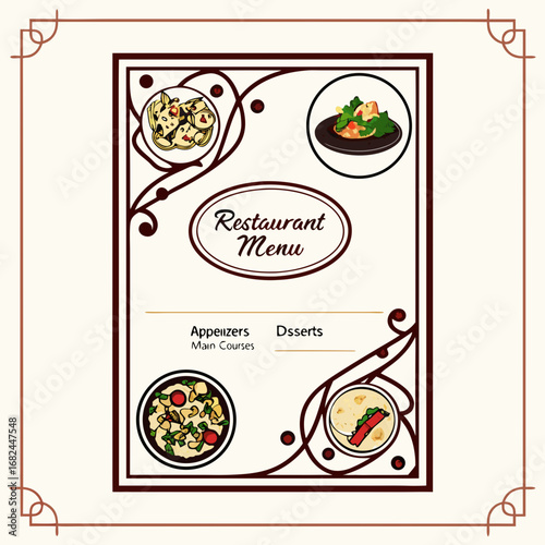 Restaurant menu with food illustrations and decorative borders