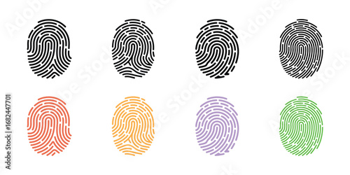 Set of Eight Fingerprint Illustrations in Black and Various Colors on a White Background