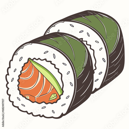 Salmon avocado sushi roll with nori vector