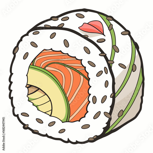 Salmon avocado sushi roll with sesame seeds nori