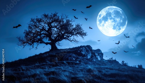 Eerie blue night scene with a bare tree silhouetted on a hill under a bright moon. Bats fly across the night sky. Grass obscures the foreground