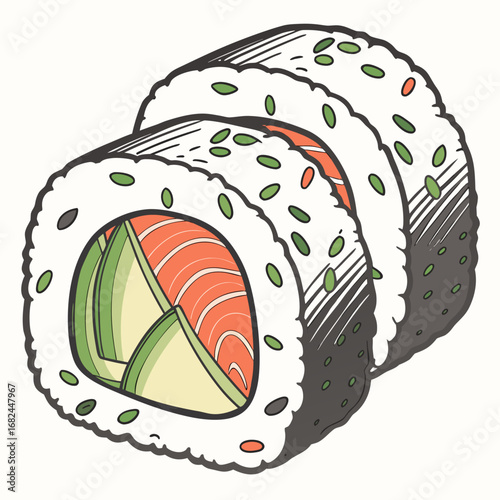 Salmon avocado sushi rolls with sesame seeds rice nori