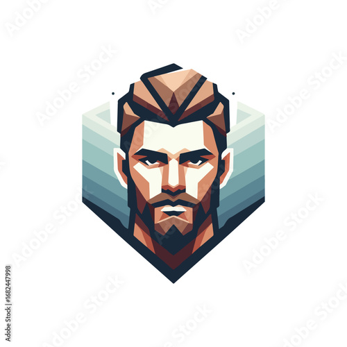 Geometric portrait of a man with a beard and focused eyes.