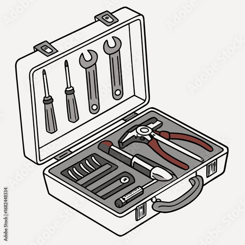 Silver toolbox with tools wrenches screwdrivers