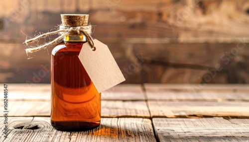 A brown glass bottle filled with liquid, sealed with a cork and label, sits on weathered wood, offering rustic charm