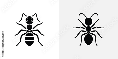 Two Black Ant Icons Shown on White and Gray Backgrounds, Bug Silhouette Images