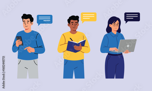 Diverse group communicating online using modern technology. Vector illustration. Flat character
