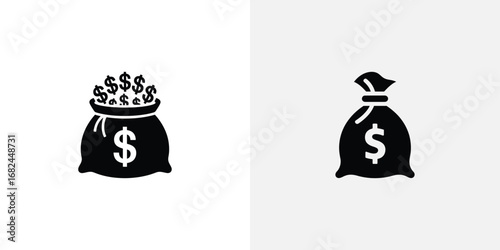 Two Black Money Bag Icons with Dollar Signs Depicting Financial Wealth and Cash