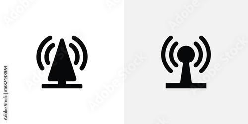 Two Contrasting Black Antenna Icons Radiating Wireless Signals on White and Grey Backgrounds