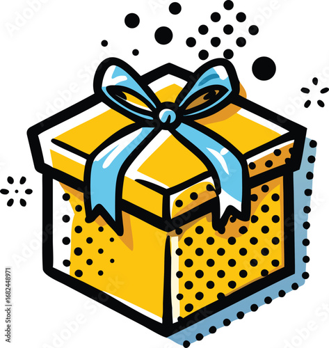 Vector art of a yellow gift box with a blue ribbon