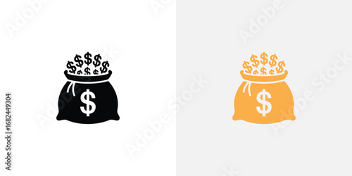 Two Money Bags Icon Set Black Dollar Bag and Golden Coins Sack